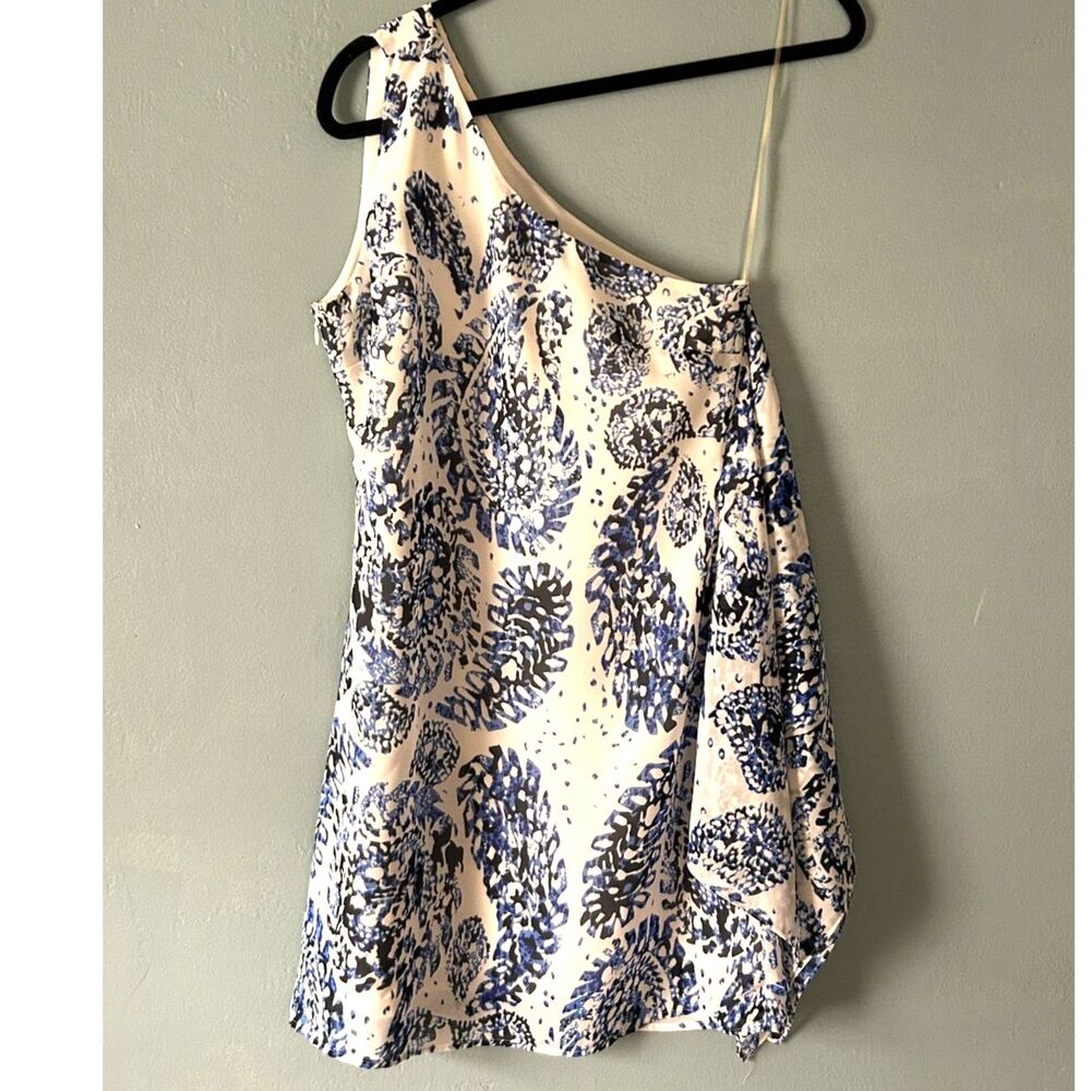 Central Park West blue, white patterned one shoulder lined dress size small